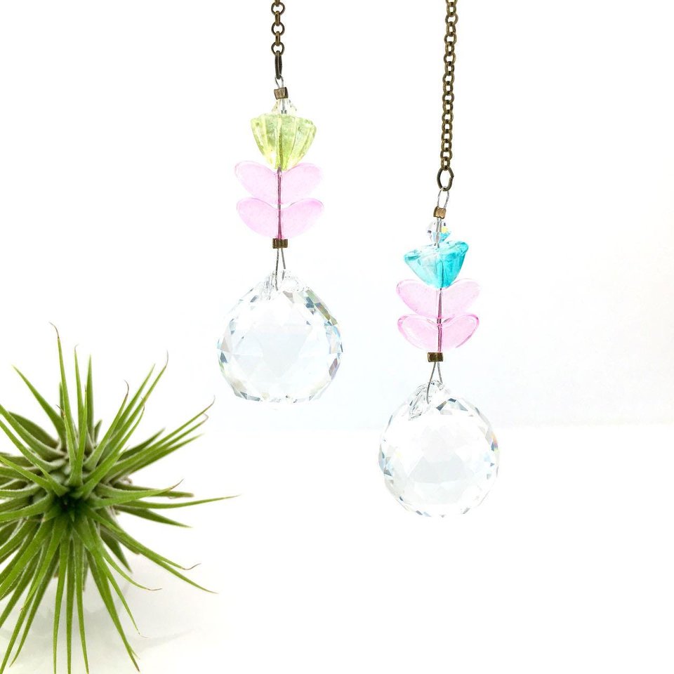 Flower Crystal Sun Catcher: 20mm Rainbow Prism Sphere, Czech Glass Beads, Handmade