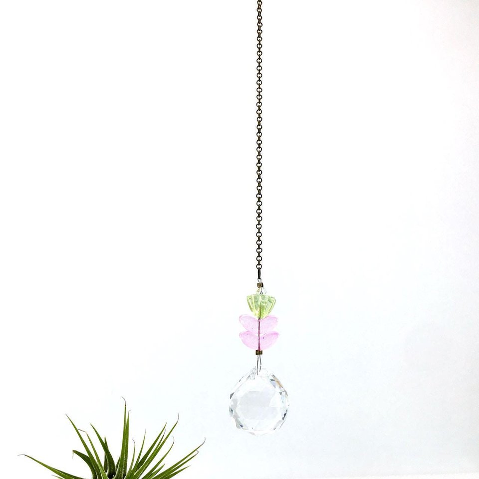 Flower Crystal Sun Catcher: 20mm Rainbow Prism Sphere, Czech Glass Beads, Handmade