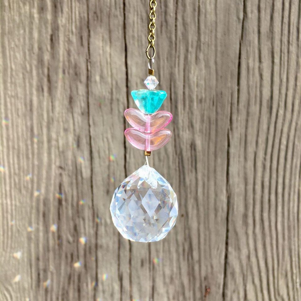 Flower Crystal Sun Catcher: 20mm Rainbow Prism Sphere, Czech Glass Beads, Handmade