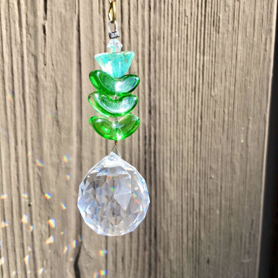 Flower Crystal Sun Catcher: 20mm Rainbow Prism Sphere, Czech Glass, Handmade