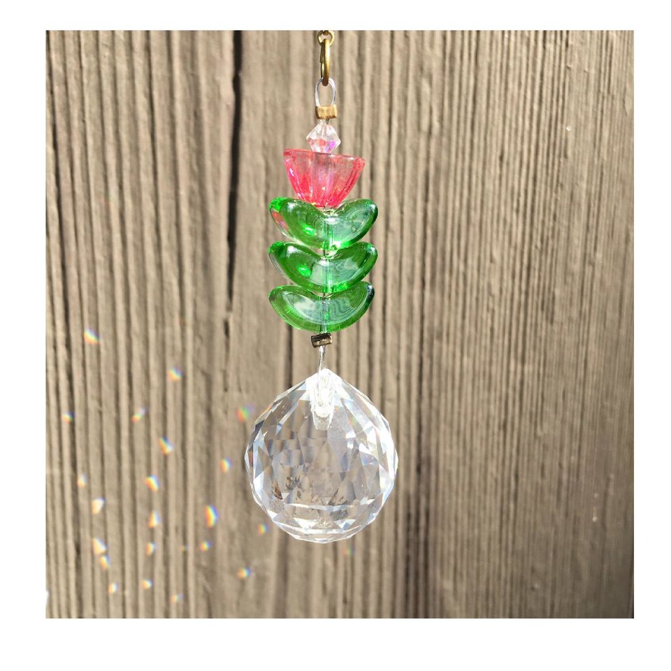 Flower Crystal Sun Catcher: 20mm Rainbow Prism Sphere, Czech Glass, Handmade
