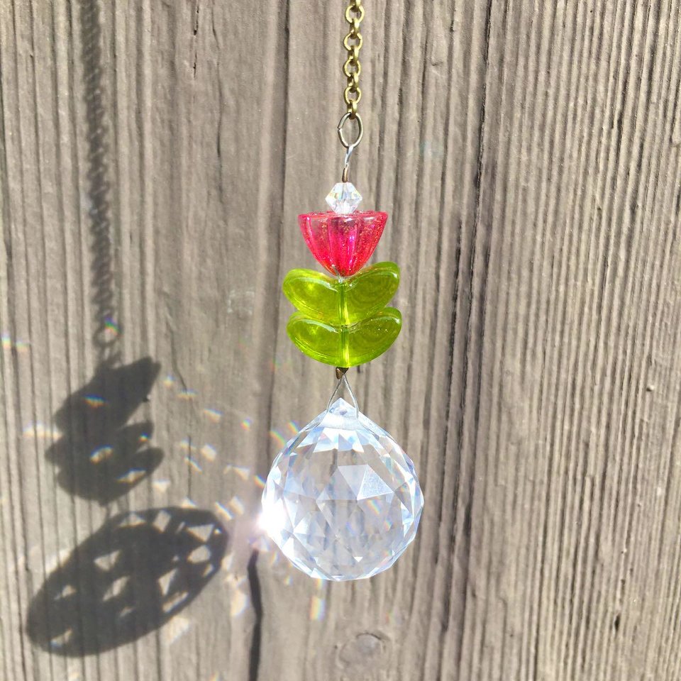 Flower Crystal Sun Catcher: 20mm Rainbow Prism Sphere, Czech Glass, Handmade