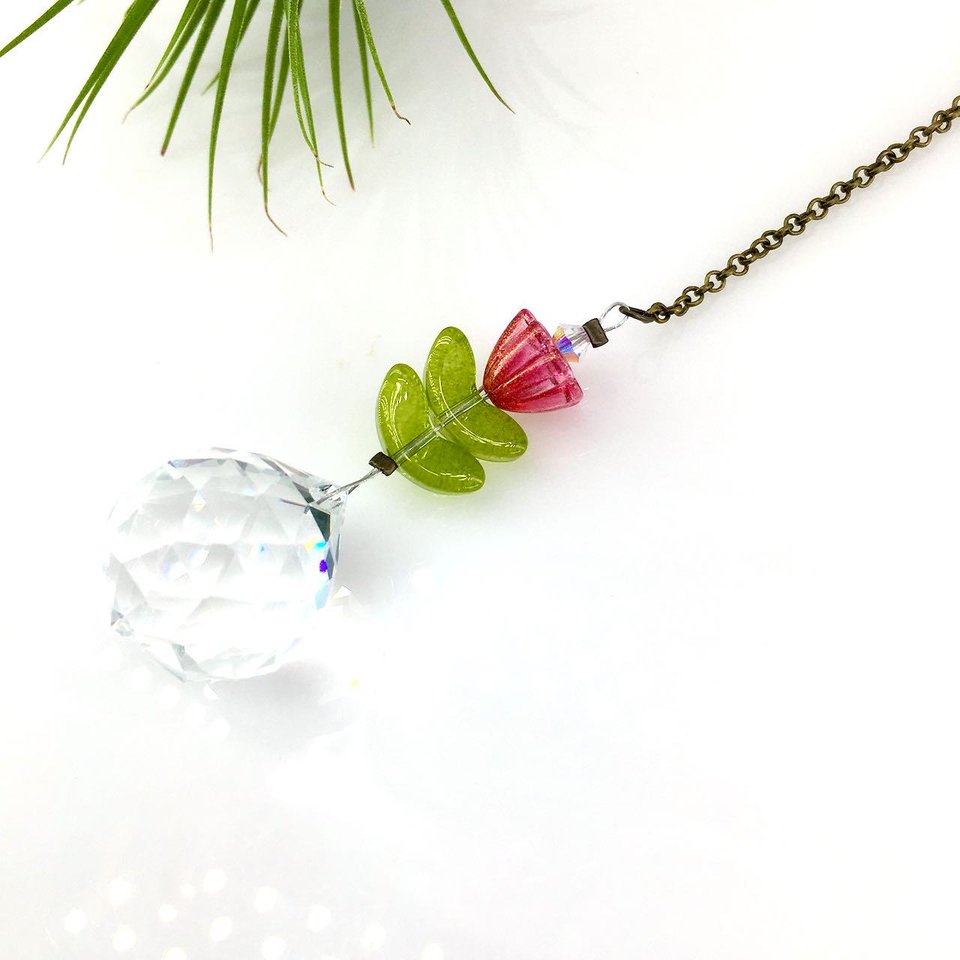 Flower Crystal Sun Catcher: 20mm Rainbow Prism Sphere, Czech Glass, Handmade