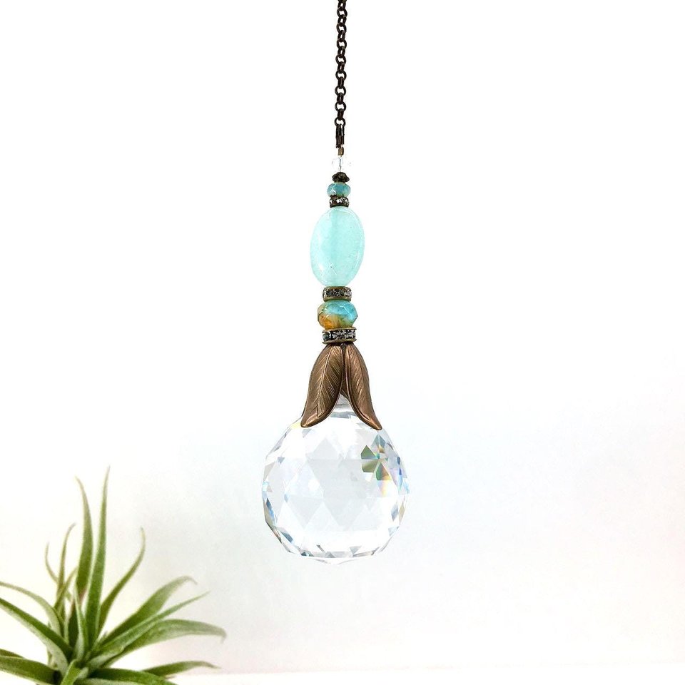 Blue Chalcedony Crystal Sun Catcher: 30mm Rainbow Prism Window Garden Decor