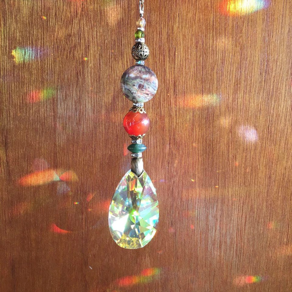 Gemstone Sun Catcher: Asfour Crystal Prism, Rhyolite & Agate, Czech Glass