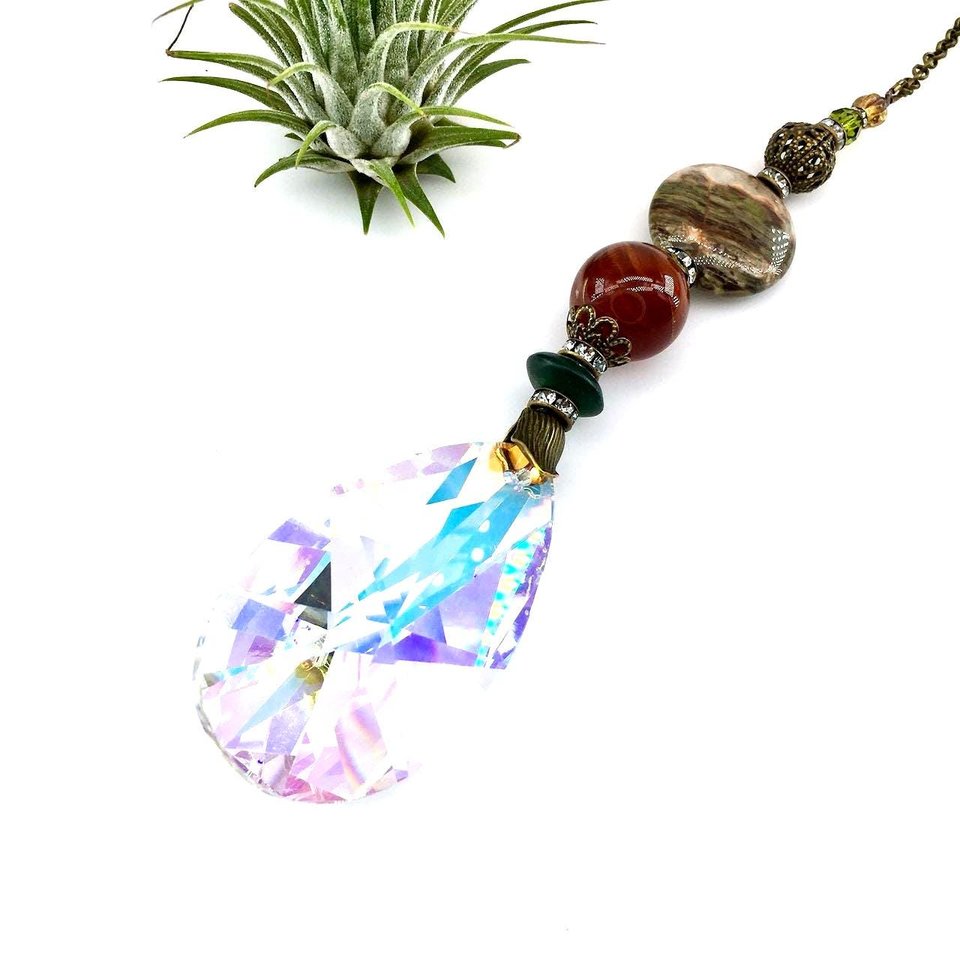 Gemstone Sun Catcher: Asfour Crystal Prism, Rhyolite & Agate, Czech Glass
