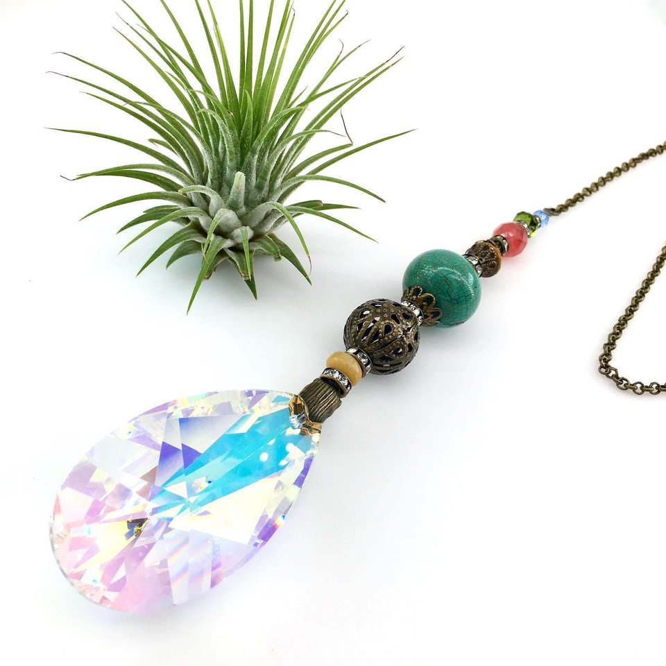 Gemstone Sun Catcher: Asfour Crystal Prism, Cherry Quartz, Czech Glass