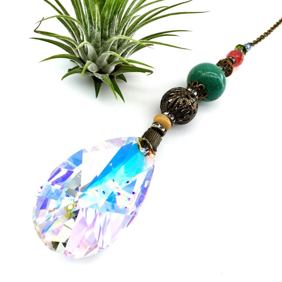 Gemstone Sun Catcher: Asfour Crystal Prism, Cherry Quartz, Czech Glass