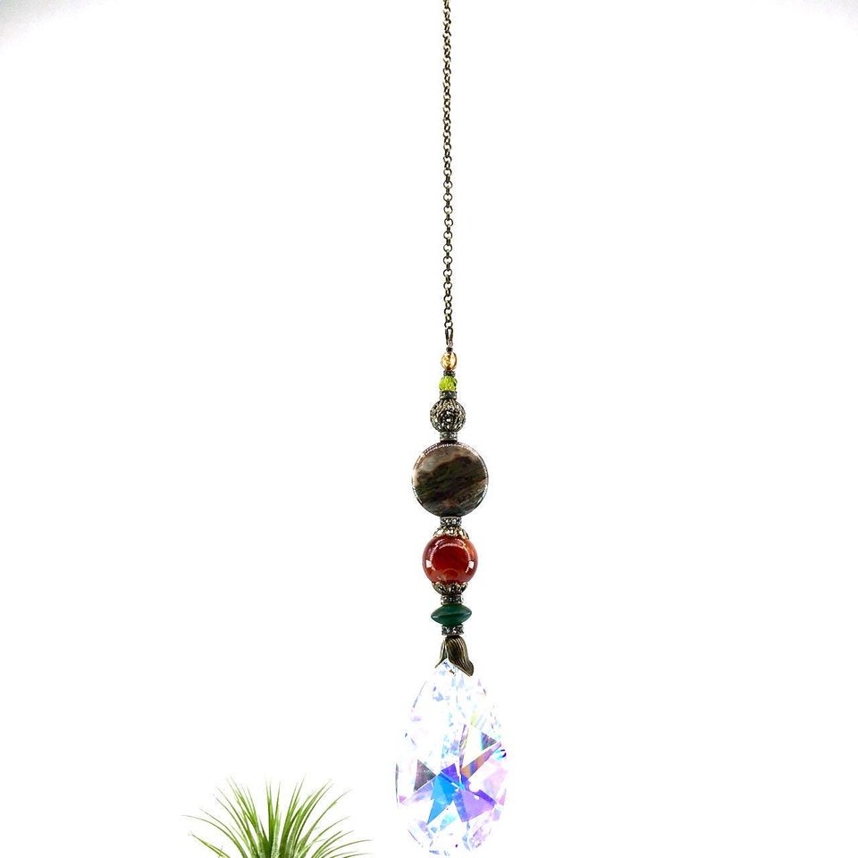 Gemstone Sun Catcher: Asfour Crystal Prism, Rhyolite & Agate, Czech Glass