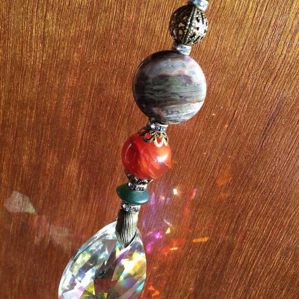 Gemstone Sun Catcher: Asfour Crystal Prism, Rhyolite & Agate, Czech Glass