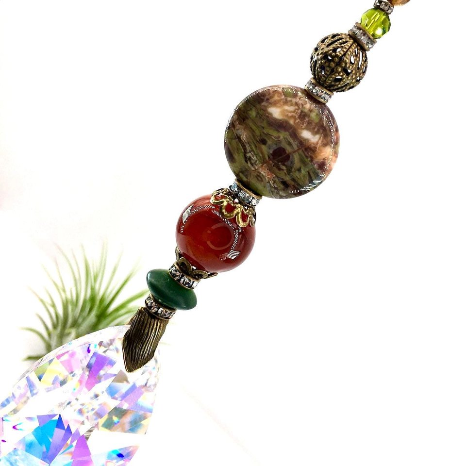 Gemstone Sun Catcher: Asfour Crystal Prism, Rhyolite & Agate, Czech Glass