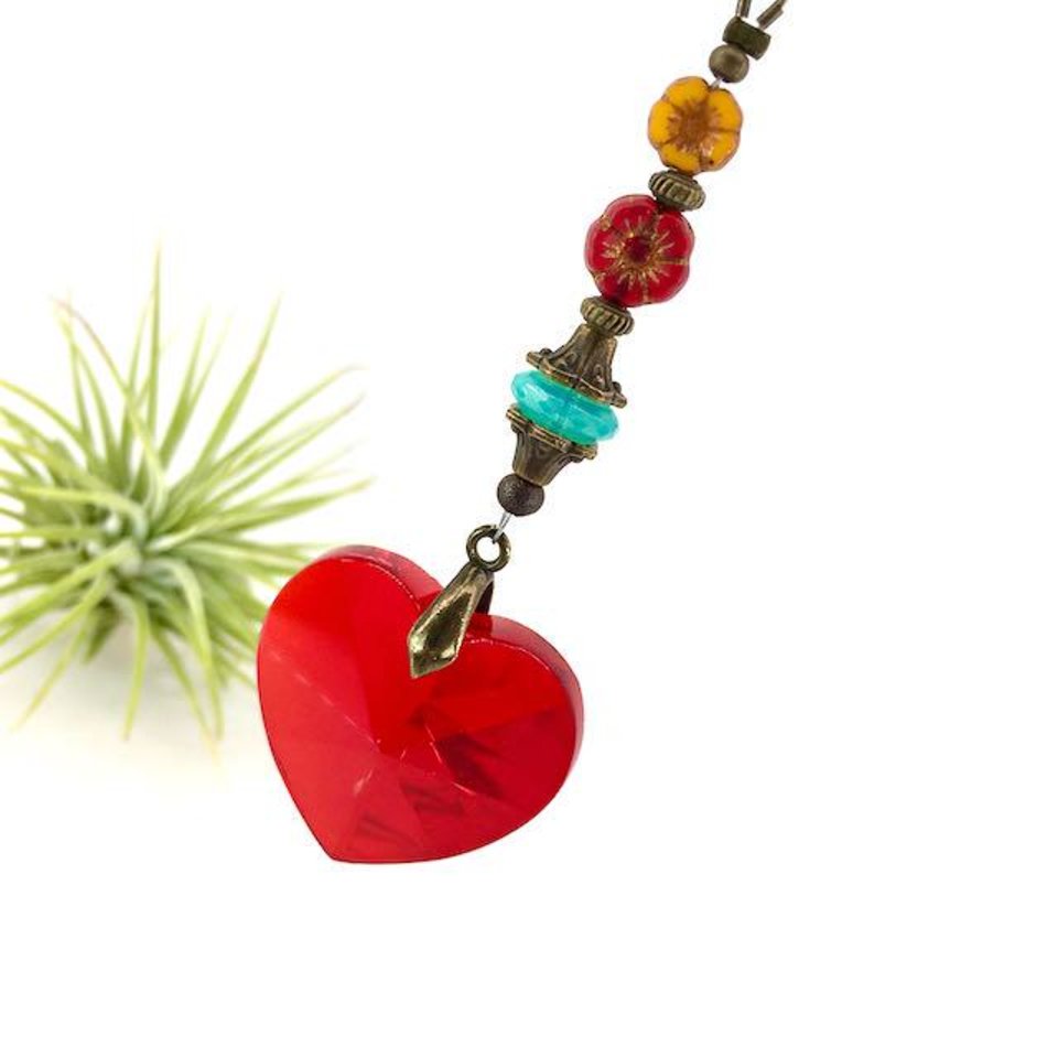 Ruby Heart Crystal Sun Catcher: Bohemian Window & Garden Decor, Czech Beads