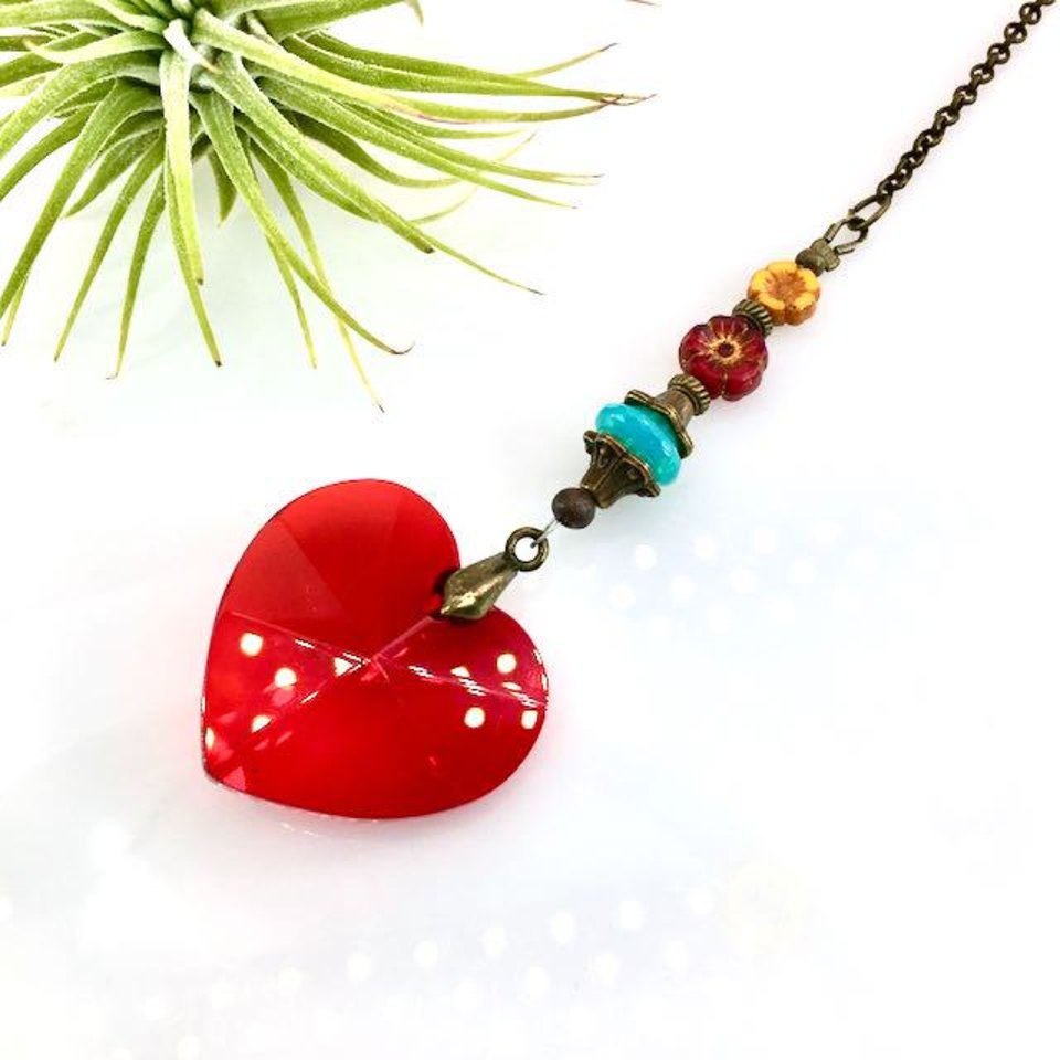 Ruby Heart Crystal Sun Catcher: Bohemian Window & Garden Decor, Czech Beads