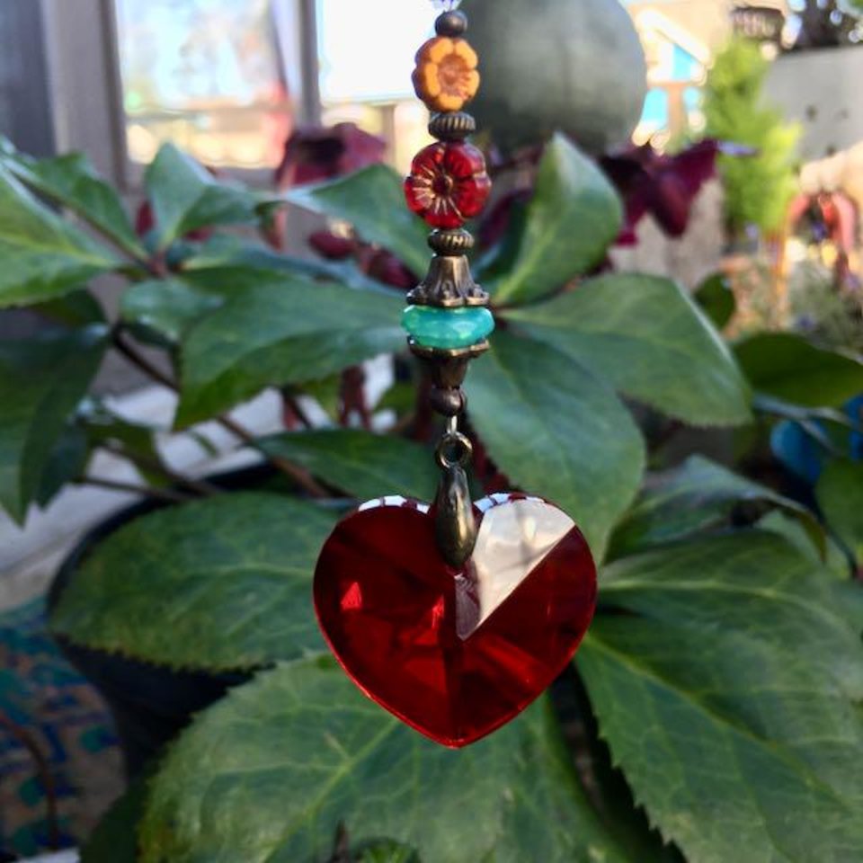 Ruby Heart Crystal Sun Catcher: Bohemian Window & Garden Decor, Czech Beads