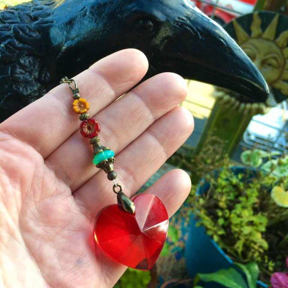 Ruby Heart Crystal Sun Catcher: Bohemian Window & Garden Decor, Czech Beads