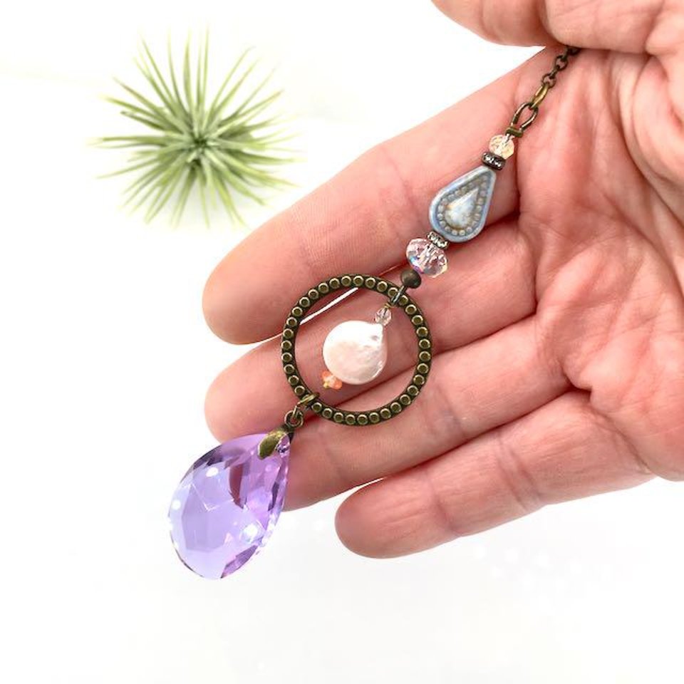 Purple Sun Catcher: Asfour Crystal, Keshi Pearl & Czech Beads