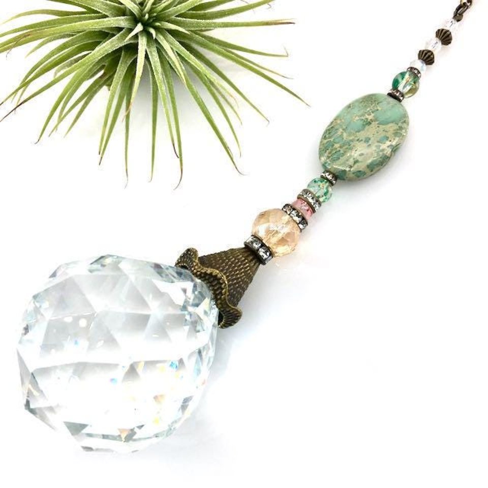 Jasper Gemstone Sun Catcher, 40mm Crystal Sphere, Rainbow Maker