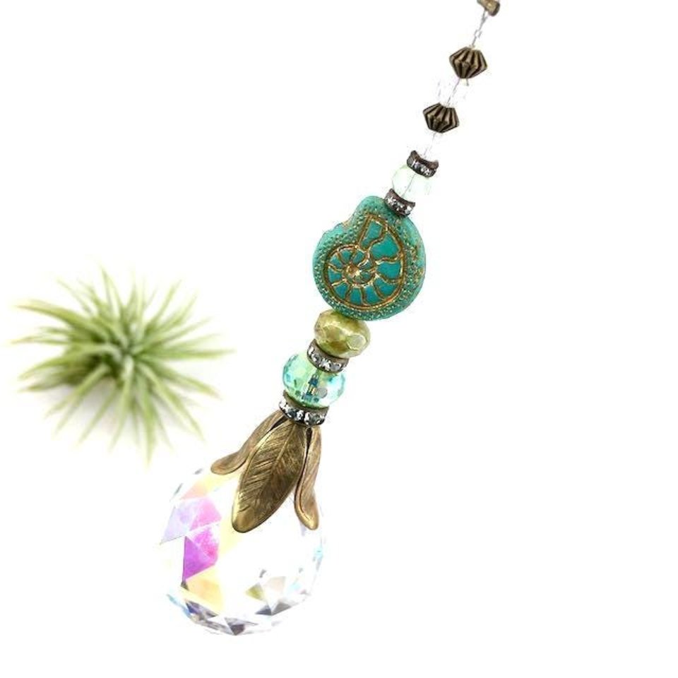 Nautilus Crystal Prism Sun Catcher: Czech Glass & Antique Bronze Beads