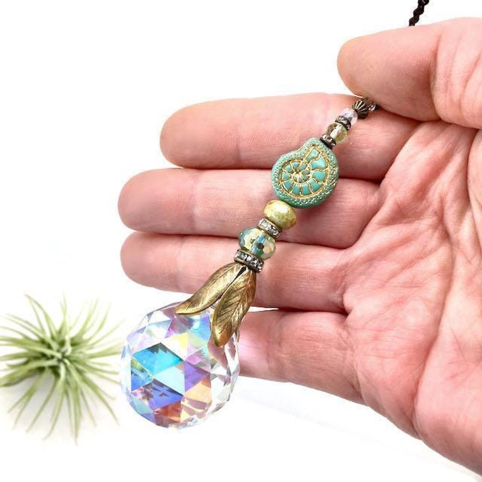 Nautilus Crystal Prism Sun Catcher: Czech Glass & Antique Bronze Beads
