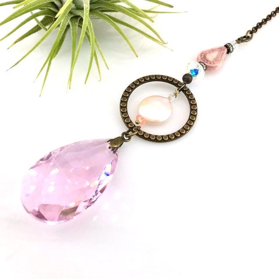 Pink Sun Catcher: Asfour Crystal, Keshi Pearl & Czech Beads