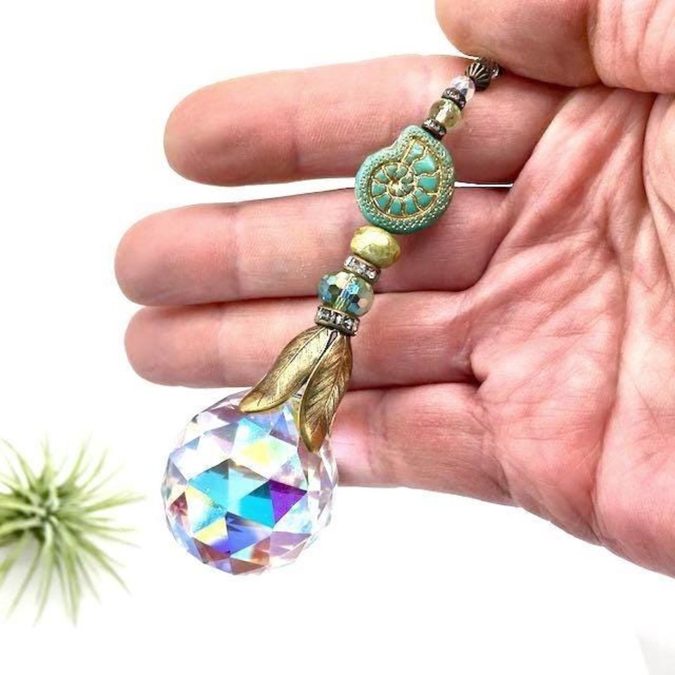 Nautilus Crystal Prism Sun Catcher: Czech Glass & Antique Bronze Beads