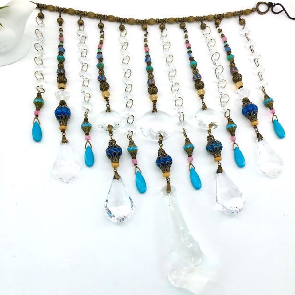 Gemstone and Crystal Hanging, Handmade Boho Beaded Curtain for Window or Garden