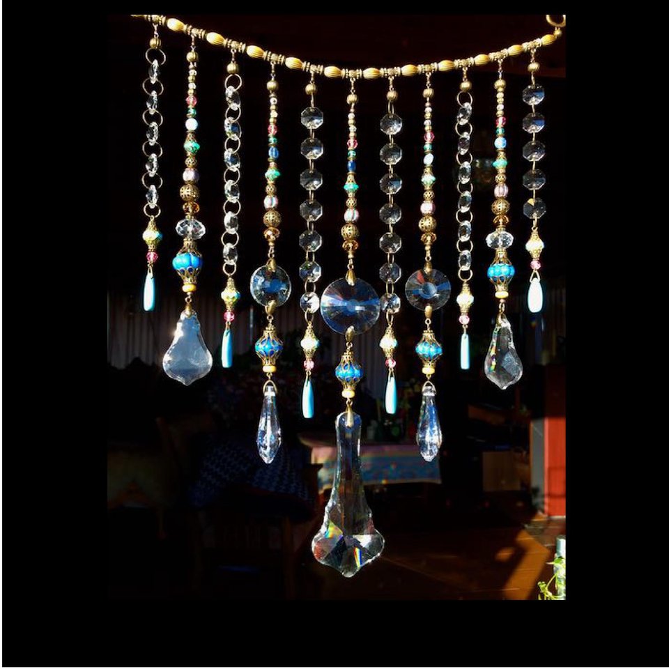 Gemstone and Crystal Hanging, Handmade Boho Beaded Curtain for Window or Garden