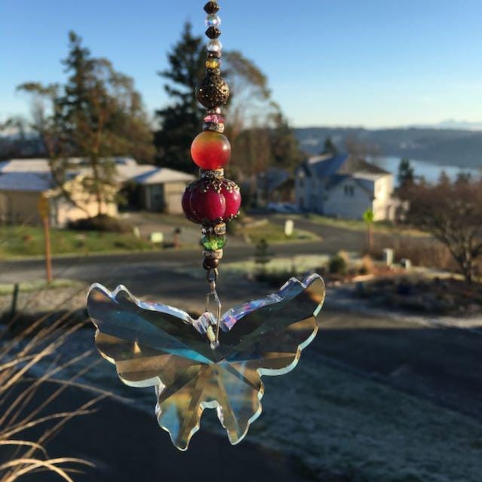 Large Butterfly Crystal Sun Catcher: Boho Rainbow Maker, Gemstone & Crystal Beads