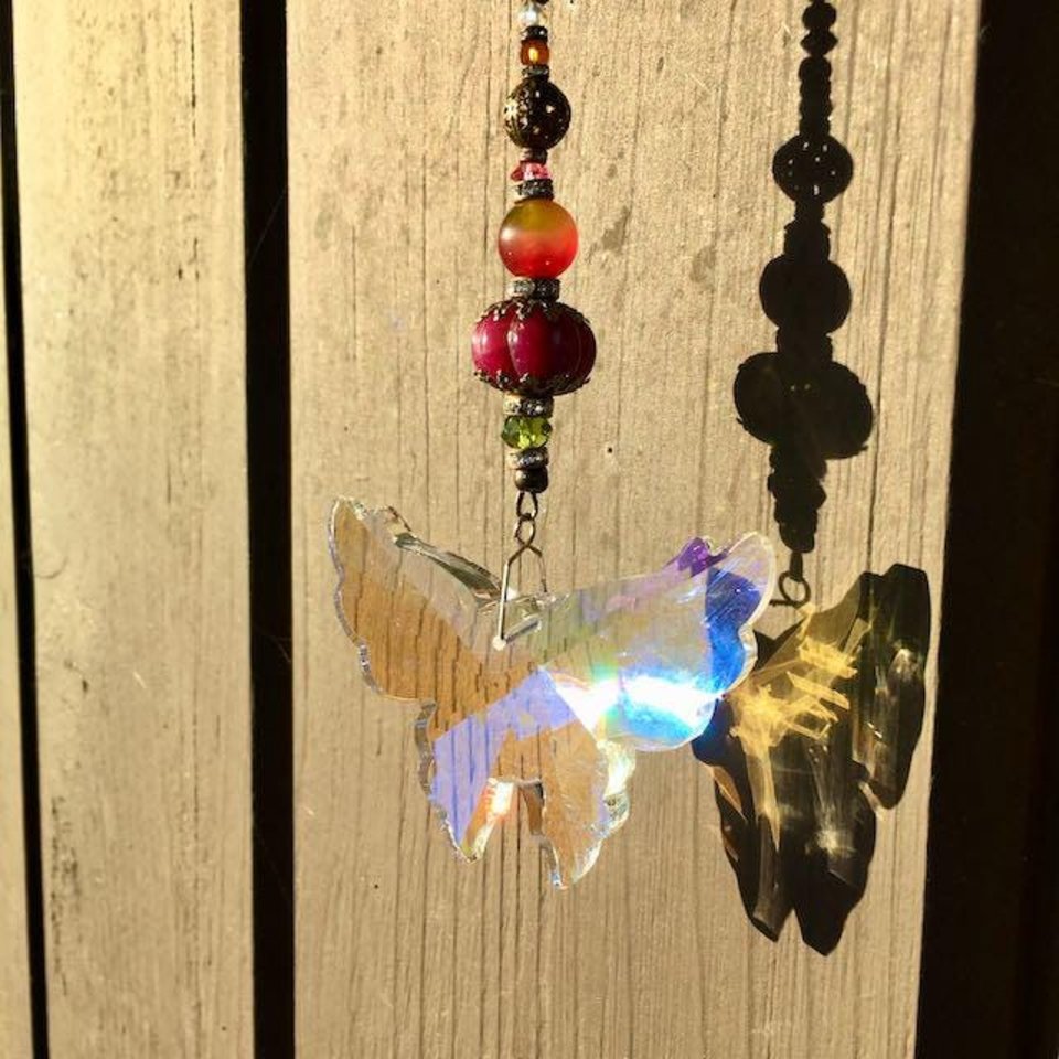 Large Butterfly Crystal Sun Catcher: Boho Rainbow Maker, Gemstone & Crystal Beads