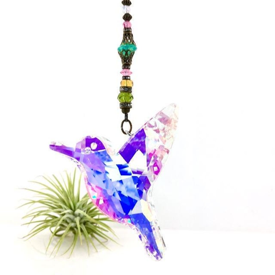 Large Hummingbird Crystal Sun Catcher: Boho Rainbow Maker, Czech & Austrian Beads