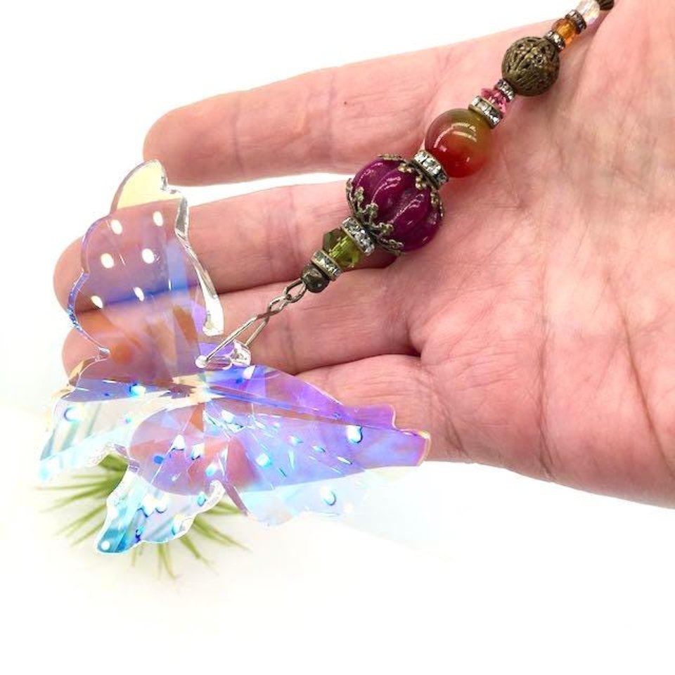 Large Butterfly Crystal Sun Catcher: Boho Rainbow Maker, Gemstone & Crystal Beads