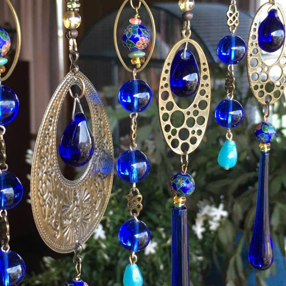 Vintage Cobalt Chandelier Crystal Hanging, Handmade Boho Beaded Curtain for Window or Garden