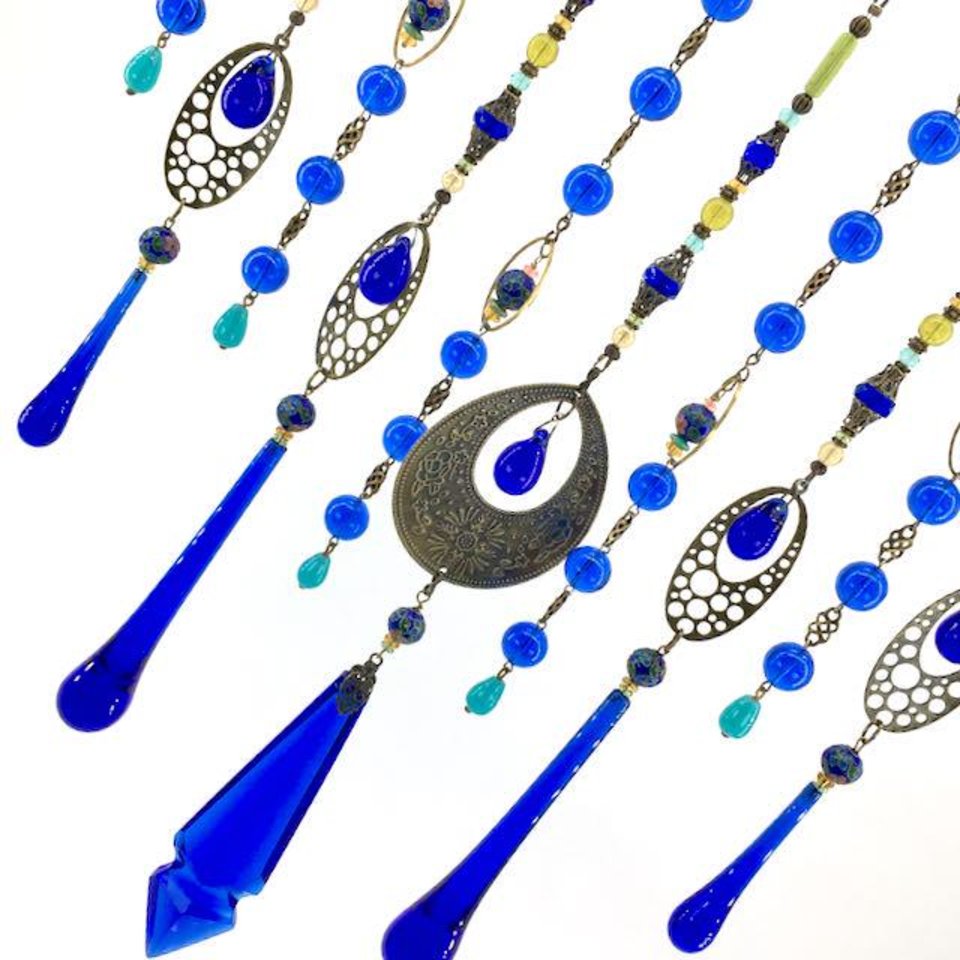 Vintage Cobalt Chandelier Crystal Hanging, Handmade Boho Beaded Curtain for Window or Garden