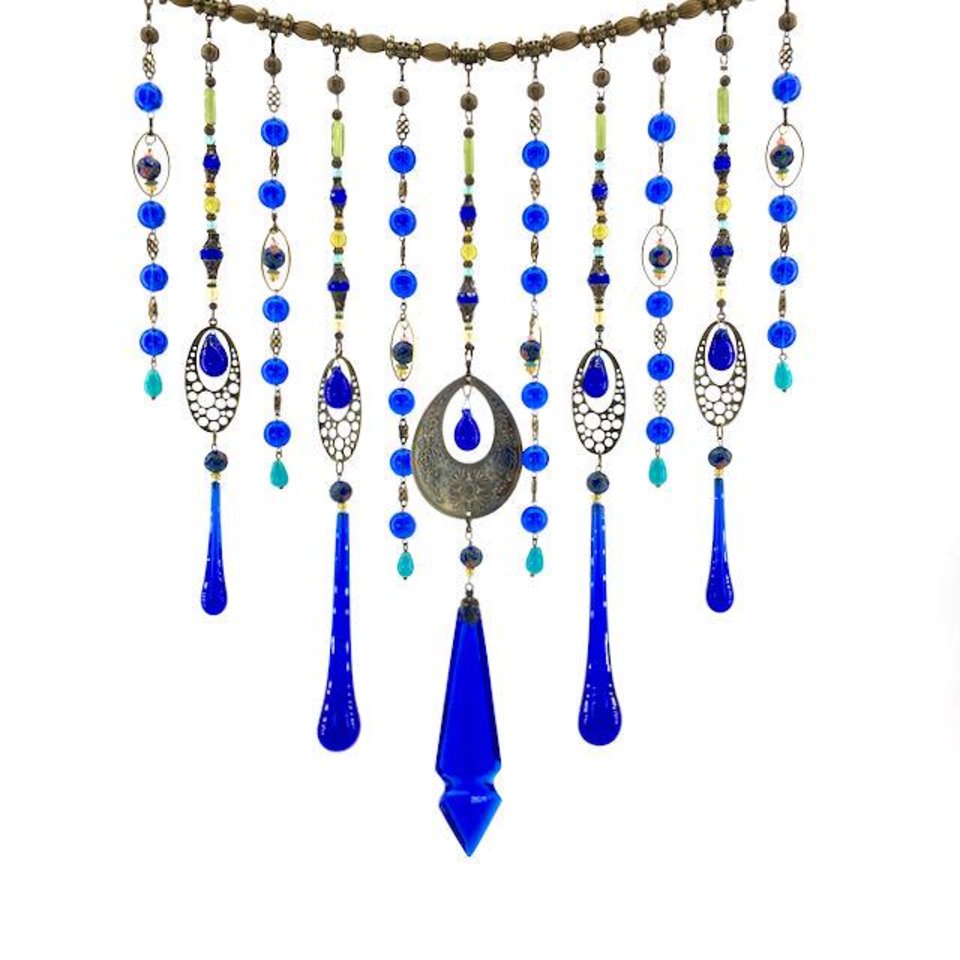 Vintage Cobalt Chandelier Crystal Hanging, Handmade Boho Beaded Curtain for Window or Garden