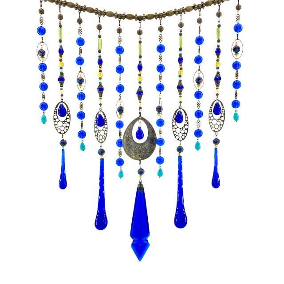 Vintage Cobalt Chandelier Crystal Hanging, Handmade Boho Beaded Curtain for Window or Garden