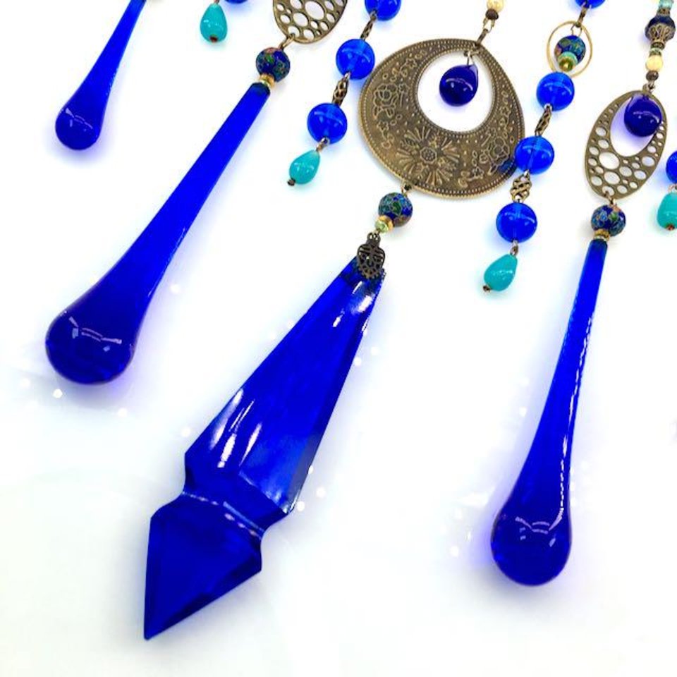 Vintage Cobalt Chandelier Crystal Hanging, Handmade Boho Beaded Curtain for Window or Garden