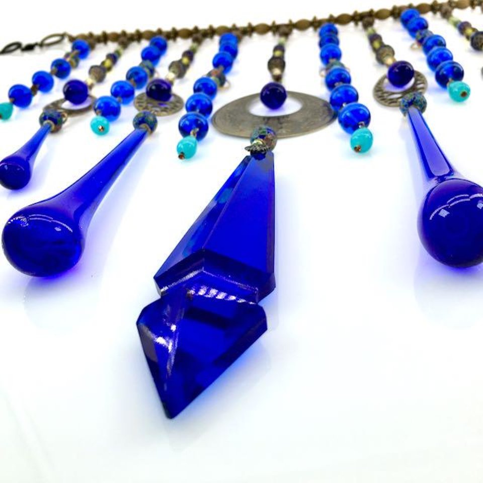 Vintage Cobalt Chandelier Crystal Hanging, Handmade Boho Beaded Curtain for Window or Garden