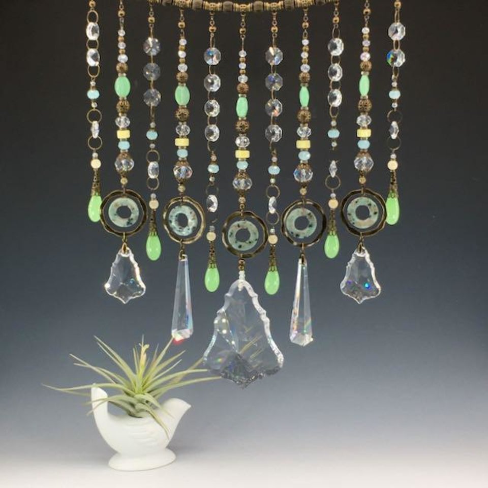 Gemstone and Crystal Chandelier Hanging, Handmade Boho Beaded Curtain for Window or Garden