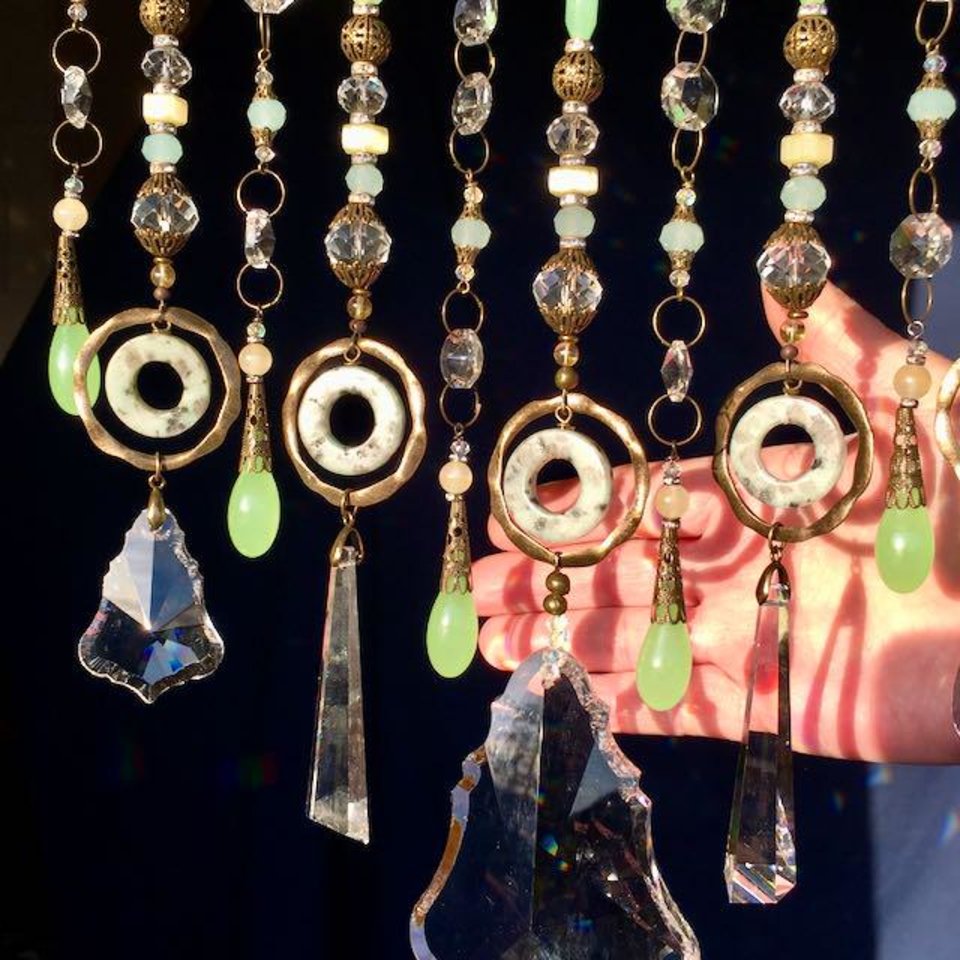 Gemstone and Crystal Chandelier Hanging, Handmade Boho Beaded Curtain for Window or Garden