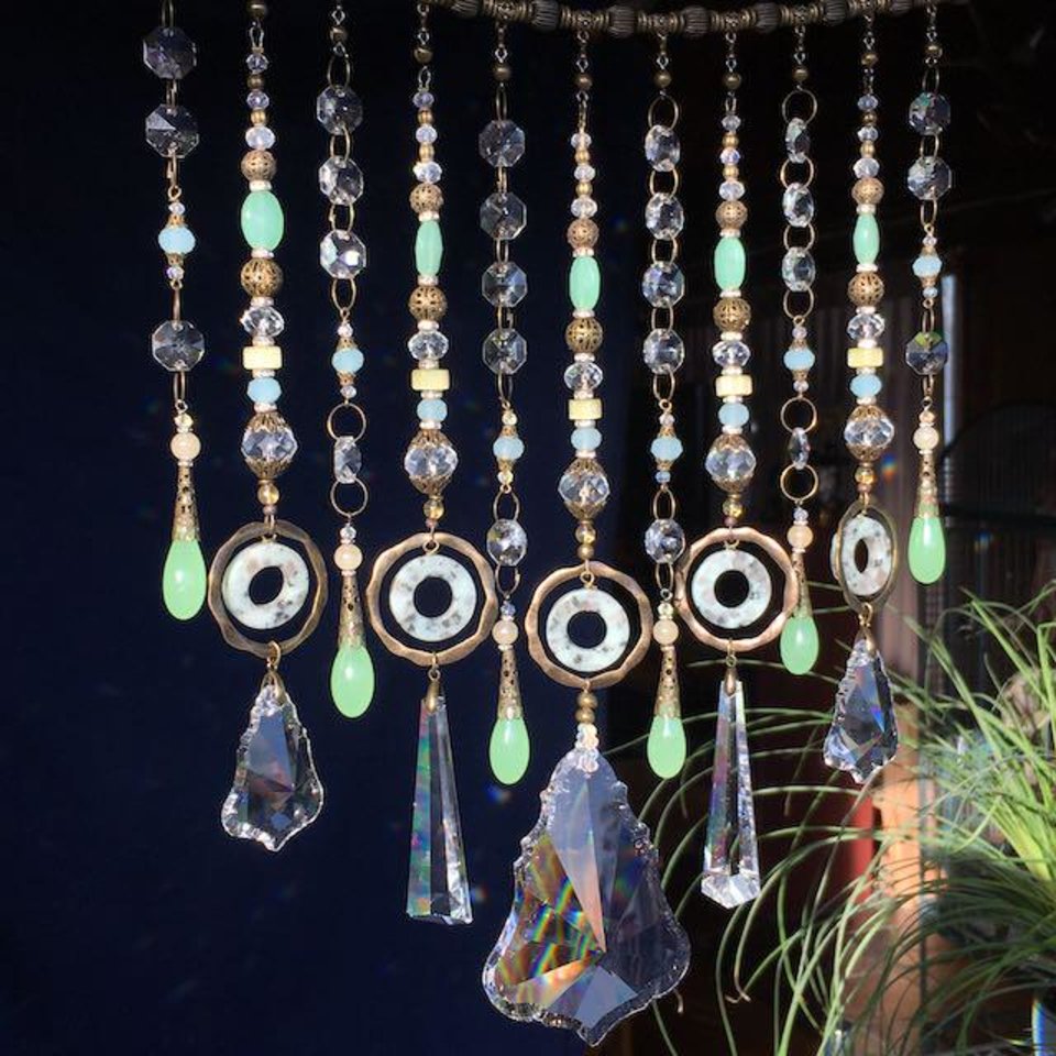 Gemstone and Crystal Chandelier Hanging, Handmade Boho Beaded Curtain for Window or Garden