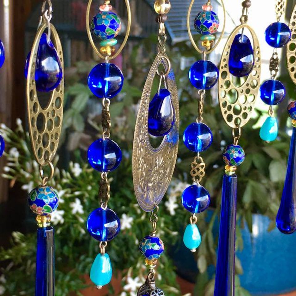 Vintage Cobalt Chandelier Crystal Hanging, Handmade Boho Beaded Curtain for Window or Garden