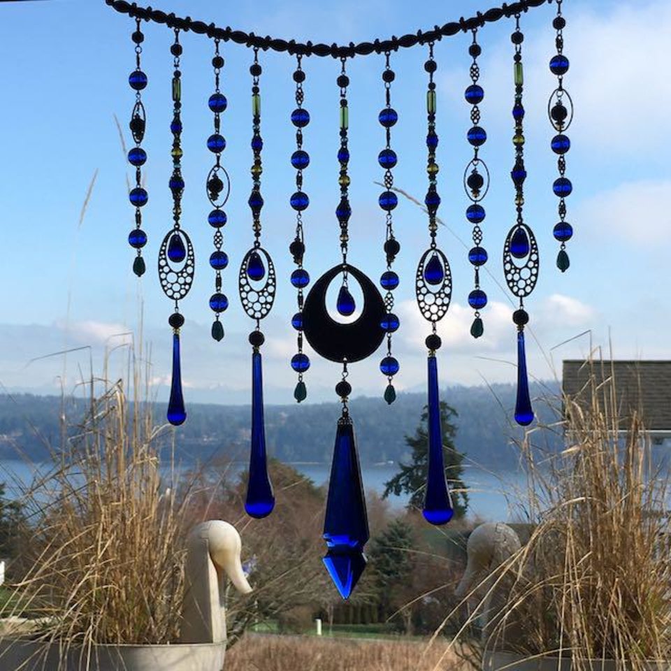 Vintage Cobalt Chandelier Crystal Hanging, Handmade Boho Beaded Curtain for Window or Garden