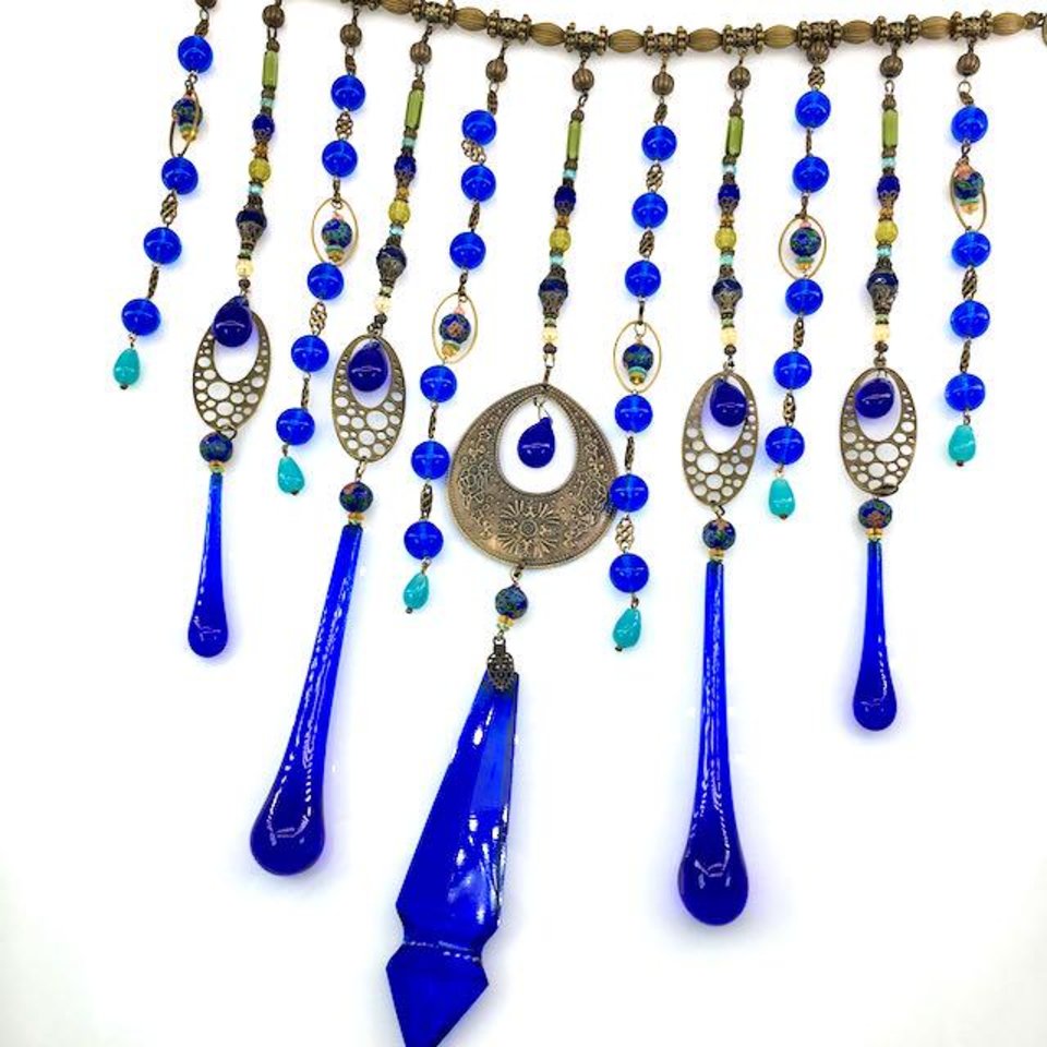Vintage Cobalt Chandelier Crystal Hanging, Handmade Boho Beaded Curtain for Window or Garden