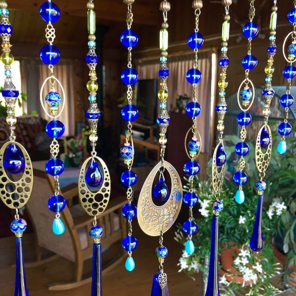 Vintage Cobalt Chandelier Crystal Hanging, Handmade Boho Beaded Curtain for Window or Garden