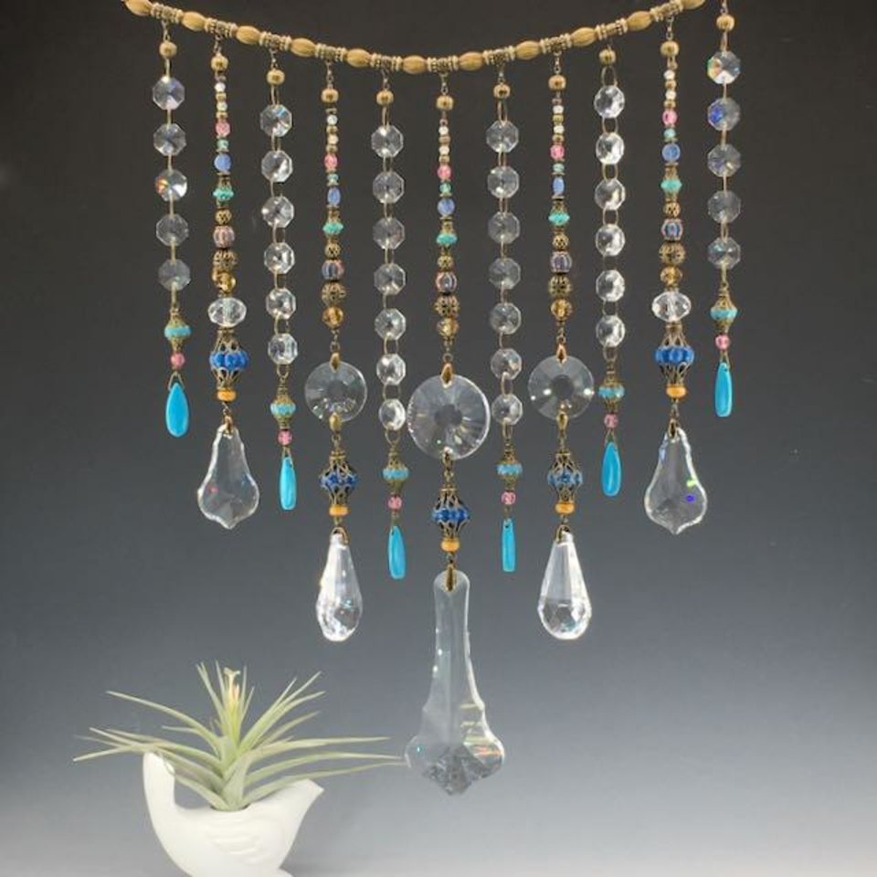 Gemstone and Crystal Hanging, Handmade Boho Beaded Curtain for Window or Garden