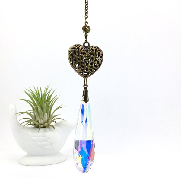 Valentine Filigree Heart Sun Catcher with Large Crystal Prism - Elegant 80mm Boho Window Decor, Garden Ornament, Unique Gift by 2 DirtyBirds