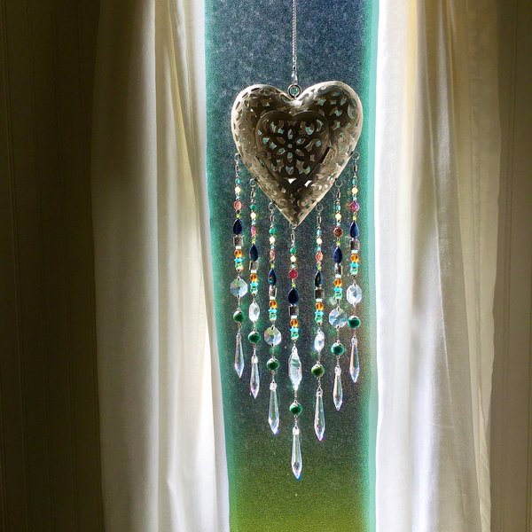 Hand Made, Filigree Heart Lantern Beaded Crystal Hanging, Crystal Sun Catcher, Gemstones, Boho, Window Decor, Garden, Home, Gift, 2 Dirty Birds