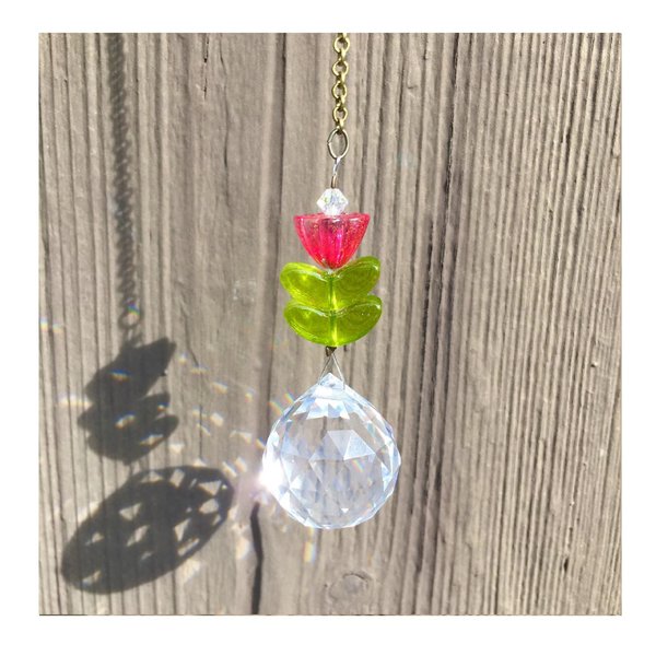 Flower Crystal Sun Catcher: 20mm Rainbow Prism Sphere, Czech Glass, Handmade