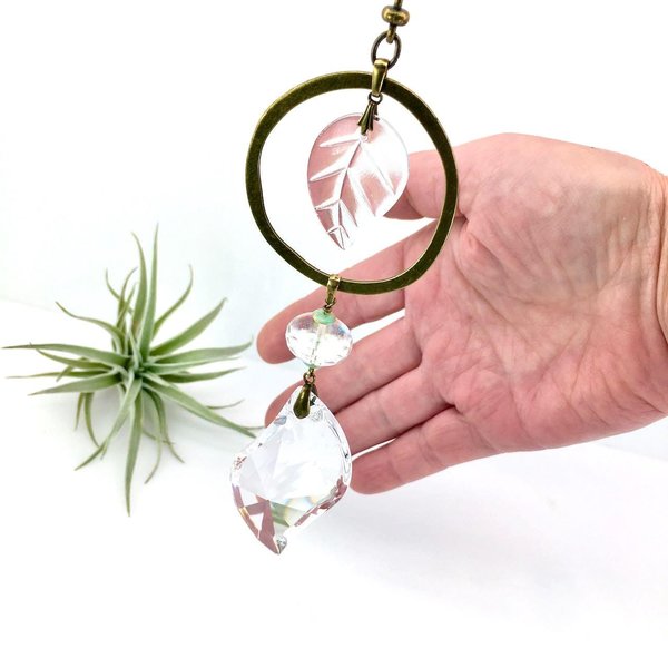 Crystal Prism Suncatcher with Vintage Leaf: Handmade Window Garden Hanging