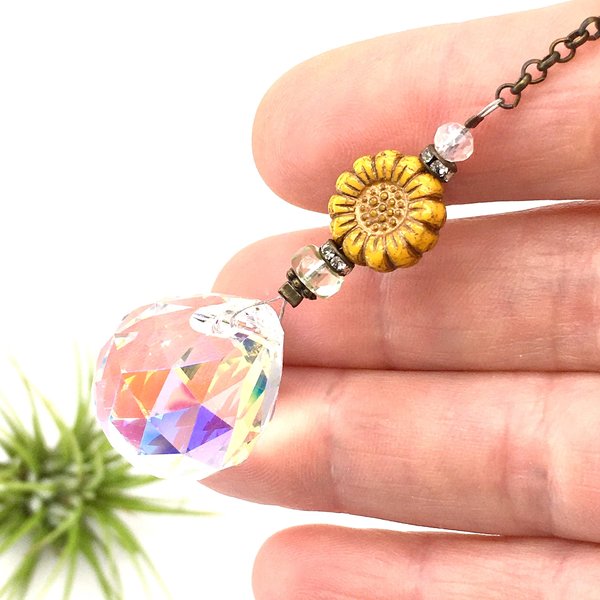 Sunflower Crystal Sun Catcher: 20mm Asfour Rainbow Prism, Czech Glass Beads, Handmade